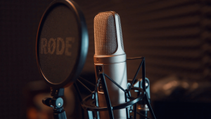 silver microphone with pop filter